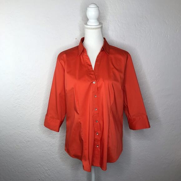 New York and Co Women's 3/4 Sleeve Collared Button Orange Shirt Blouse XL Petite - Picture 1 of 6